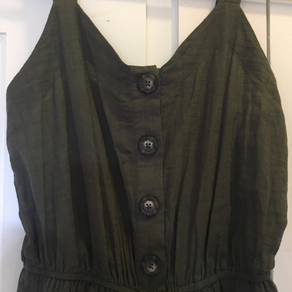 Army green linen wide leg romper with buttons
